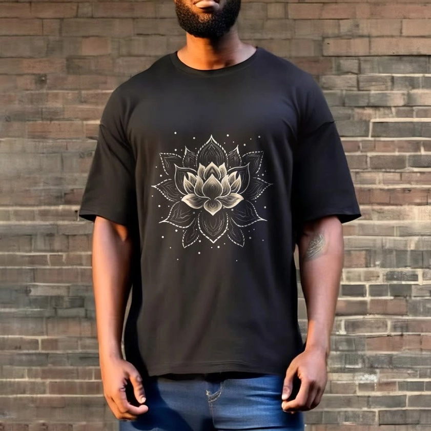 Golden lotus spiritual t-shirt, male model wearing casual Buddhist apparel outdoors brick wall background