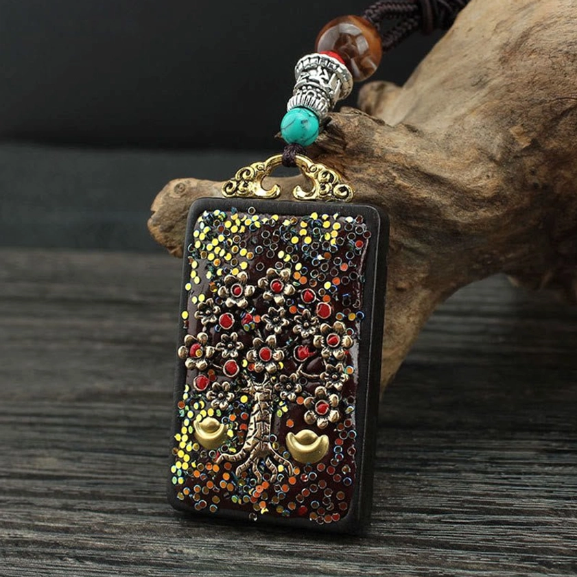 Golden Phoenix design variant - Buddhist abundance thangka necklace pendant