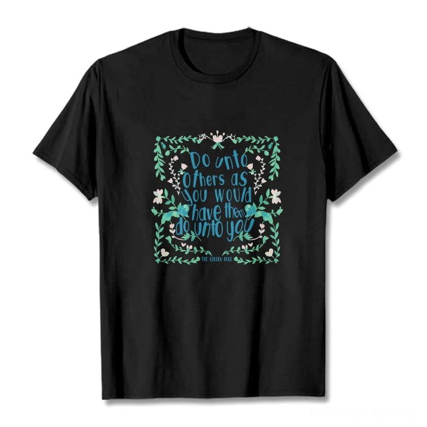 Black Buddhist tee with teal floral golden rule graphic laid flat on black background front design