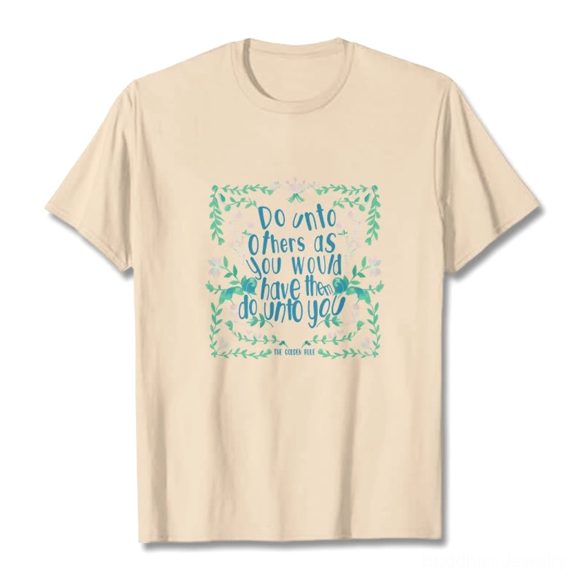Golden rule Buddhist t-shirt detail shot showing spiritual floral graphic print and white ink design quality