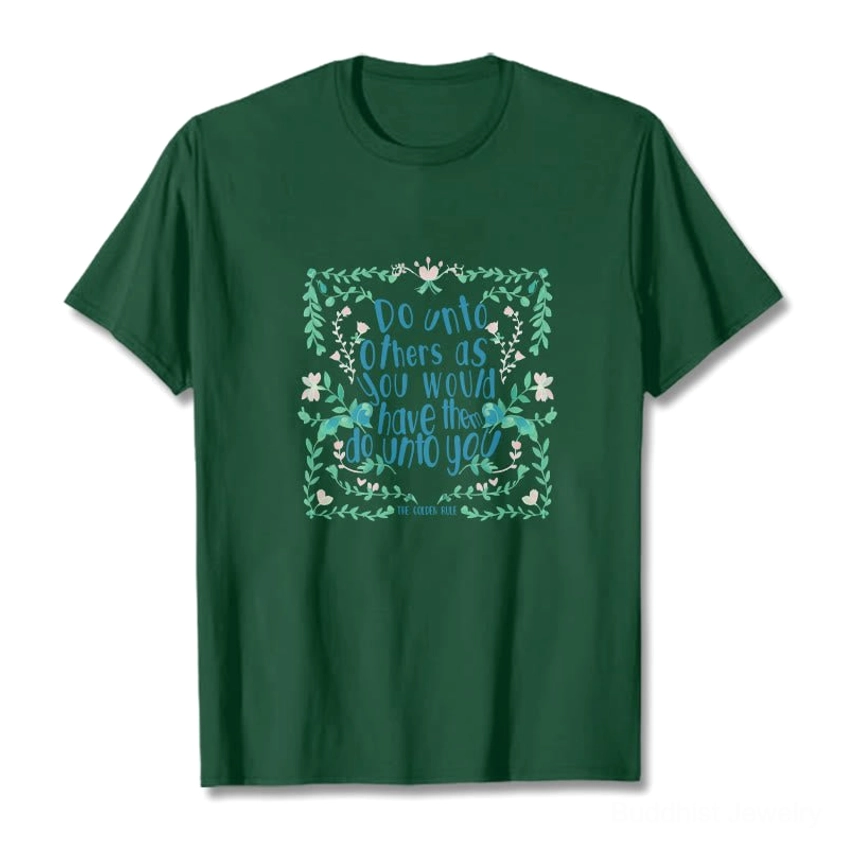 Light cyan Buddhist golden rule t-shirt with green leaf floral print flat lay front view design