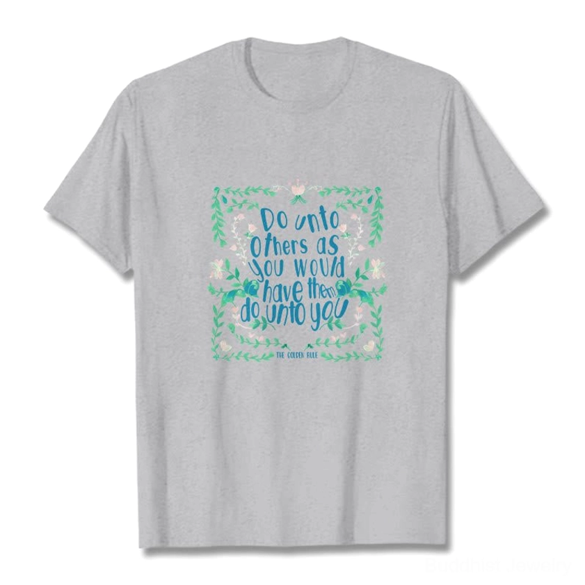 Light grey Buddhist golden rule graphic t-shirt with green leaf floral print front lay view design