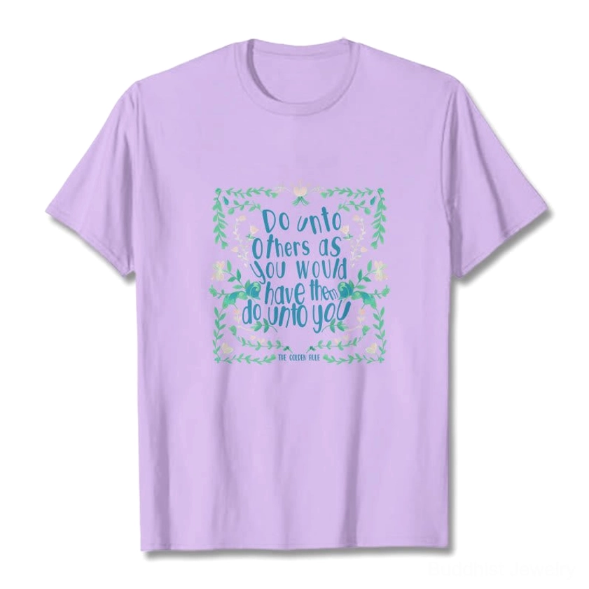 Premium quality Buddhist golden rule graphic t-shirt showing detailed white ink film print on colored fabric