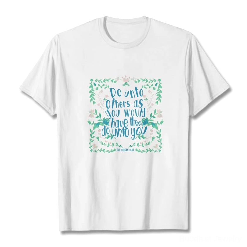 White Buddhist tee with teal floral golden rule print laid flat on white background showing front design