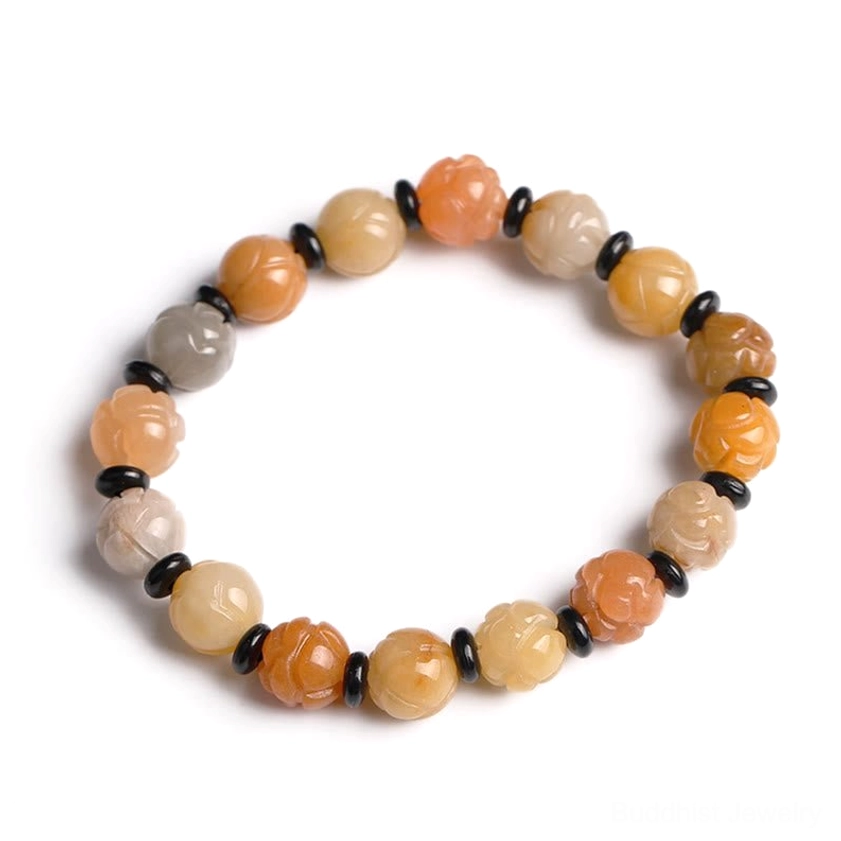 Full circle flat lay of 10mm Golden Silk Jade Lotus Bracelet on white background showing complete bead arrangement