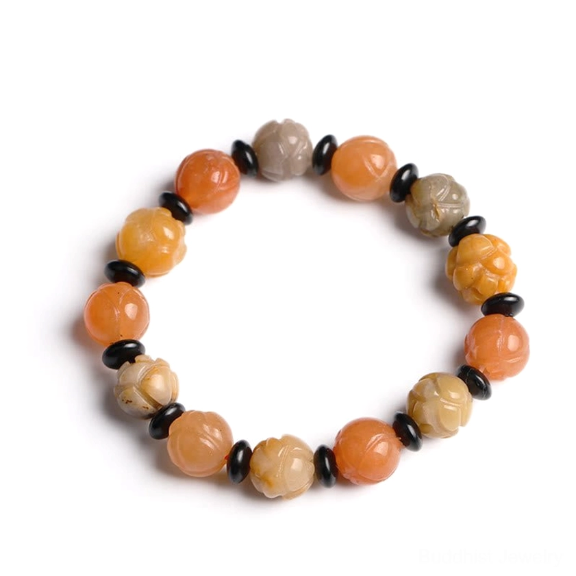 Full circle flat lay of 12mm Golden Silk Jade Lotus Bracelet on neutral background showing larger bead size and gradient coloring