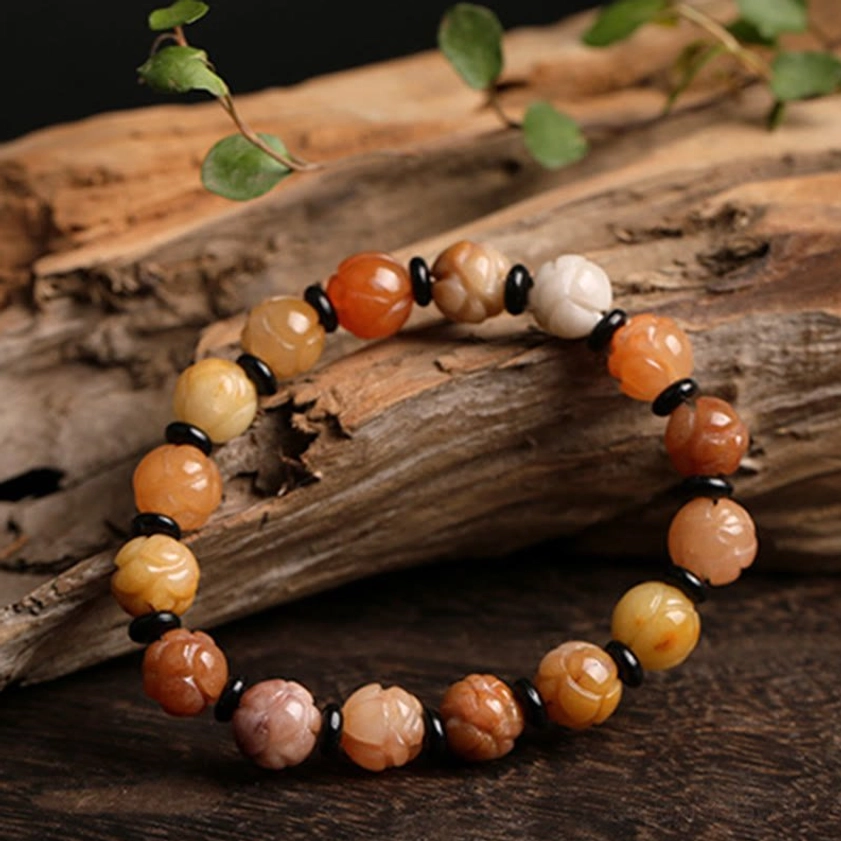 Artisan handmade Golden Silk Jade Lotus Bracelet showing craftsmanship details and natural material authenticity