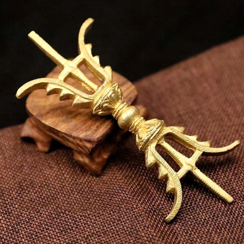 Golden three-prong vajra dorje 14cm size, handmade Nepalese brass ritual object for meditation and spiritual protection