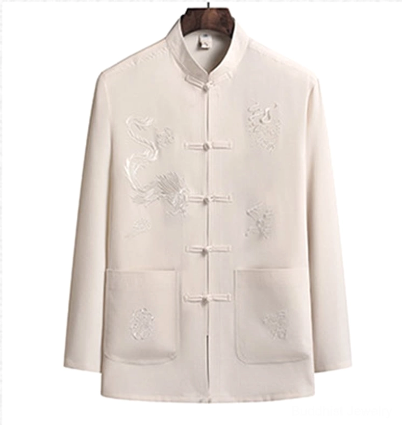 Tang suit golden-yellow top detail - front view showing auspicious dragon embroidery pattern with traditional stand collar and frog button closure