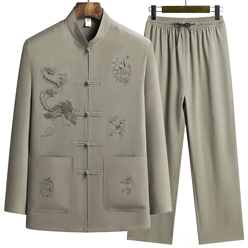 Golden-yellow Dragon Tang suit - complete front view display with Chinese dragon embroidery and traditional frog buttons paired with drawstring pants