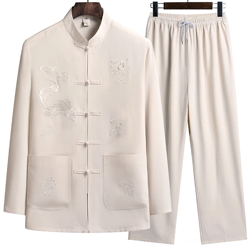 Golden-yellow Tang suit complete set - mens formal wear with dragon embroidery, frog buttons, and matching drawstring waist pants