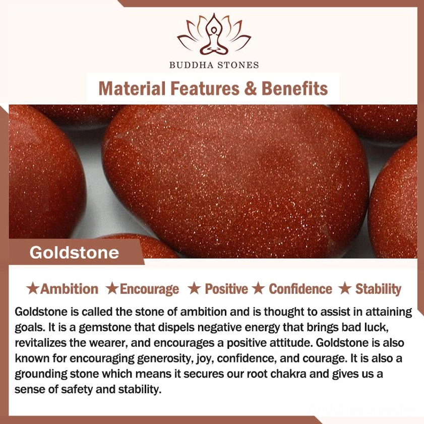 Goldstone material introduction with raw stone specimens and benefits card for Buddhist prayer beads