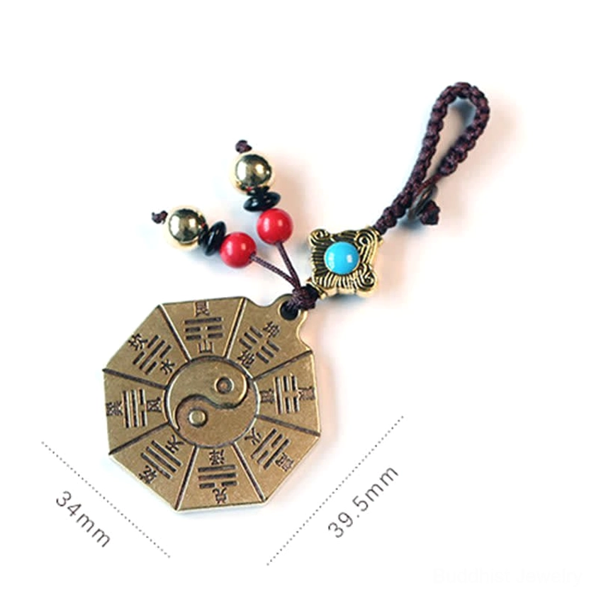 Good Luck brass Buddhist keychain with auspicious engravings and smiley face charm - prosperity and positive energy symbol