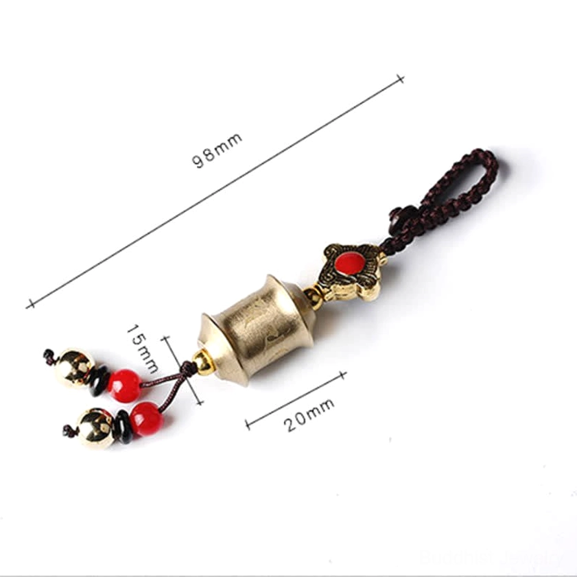 Good Luck engraved brass nameplate Buddhist keychain - prosperity charm with size measurement reference
