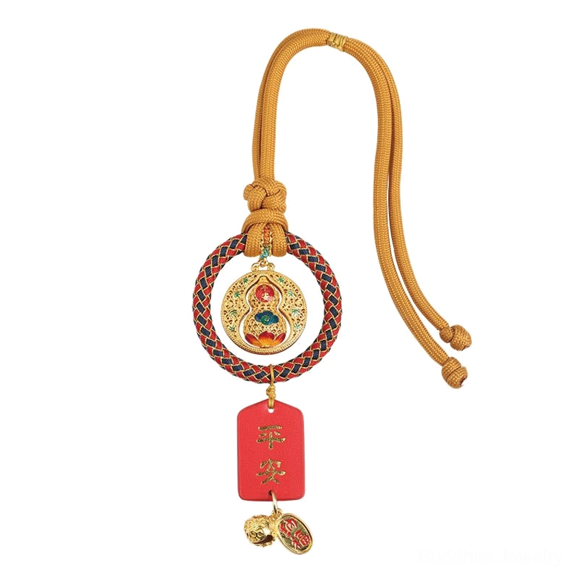 Complete gourd Fu character car hanging ornament front oblique view with braided brown rope and protective charms