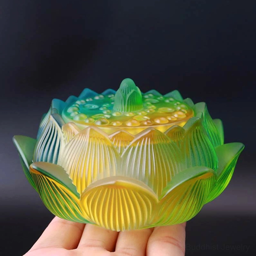 Gradient Lotus crystal incense burner with fine petal vein details and green-yellow-blue frosted glass