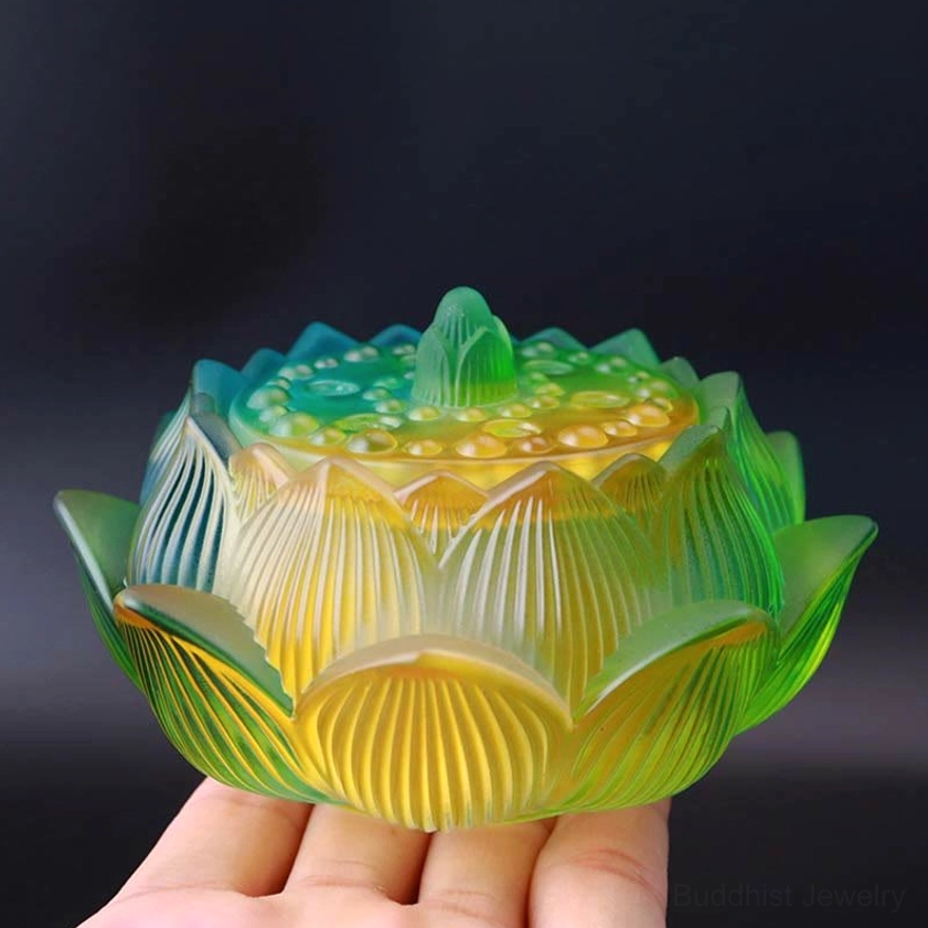 Gradient Lotus crystal incense burner overhead view with blue-yellow-green gradient and dotted lotus seed pod lid