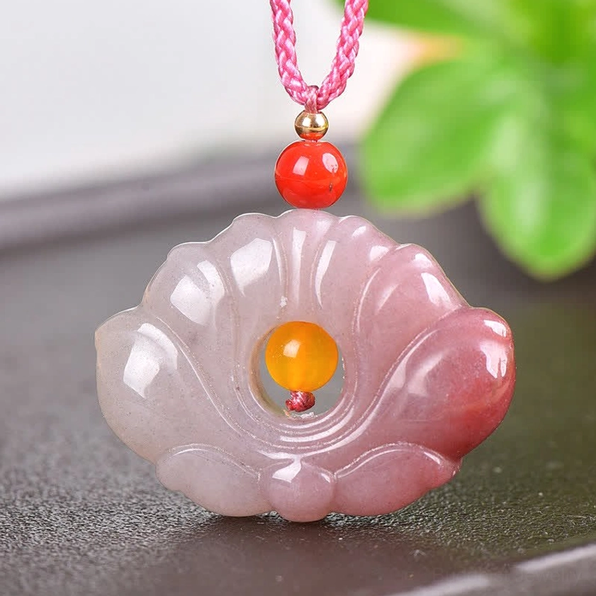 Gradient pink white jade lotus pendant with accent beads and silk cord detail