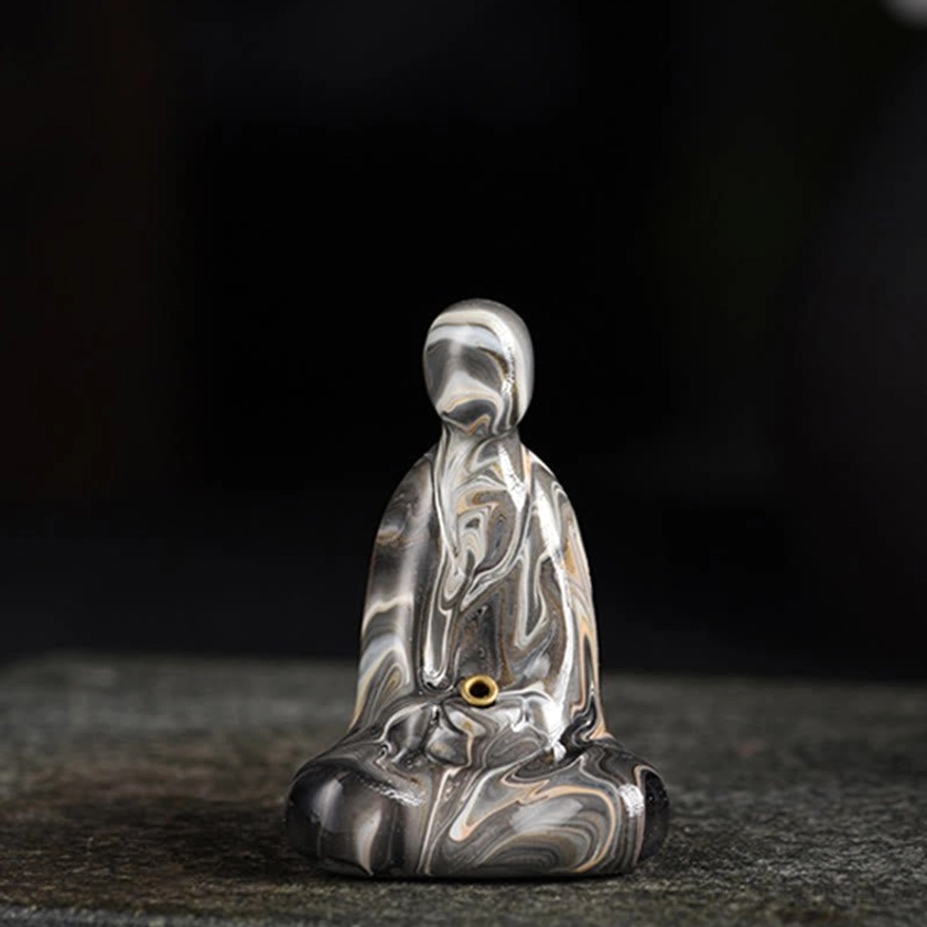 Gray marbled Buddha incense holder with random color variation, artisan-crafted lacquer finish