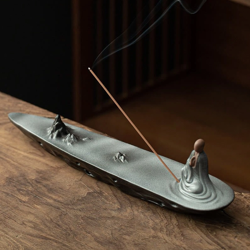 Gray sophisticated Buddhist ceramic incense burner elegant monk wave design neutral tone