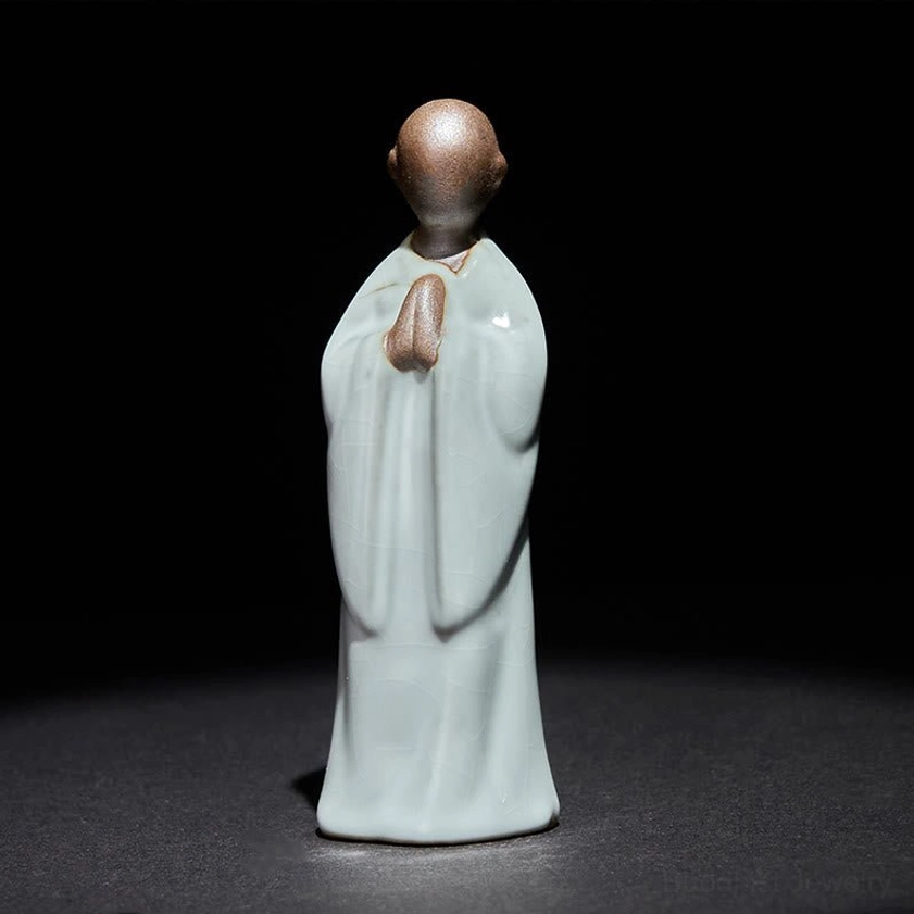 Gray ceramic meditation monk statue handcrafted artisan monk figurine collectible