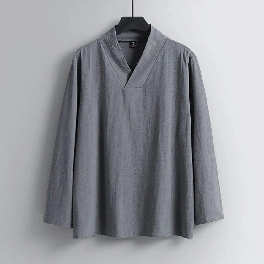 Gray traditional cross-collar Hanfu top with long sleeves loose fit hanging view