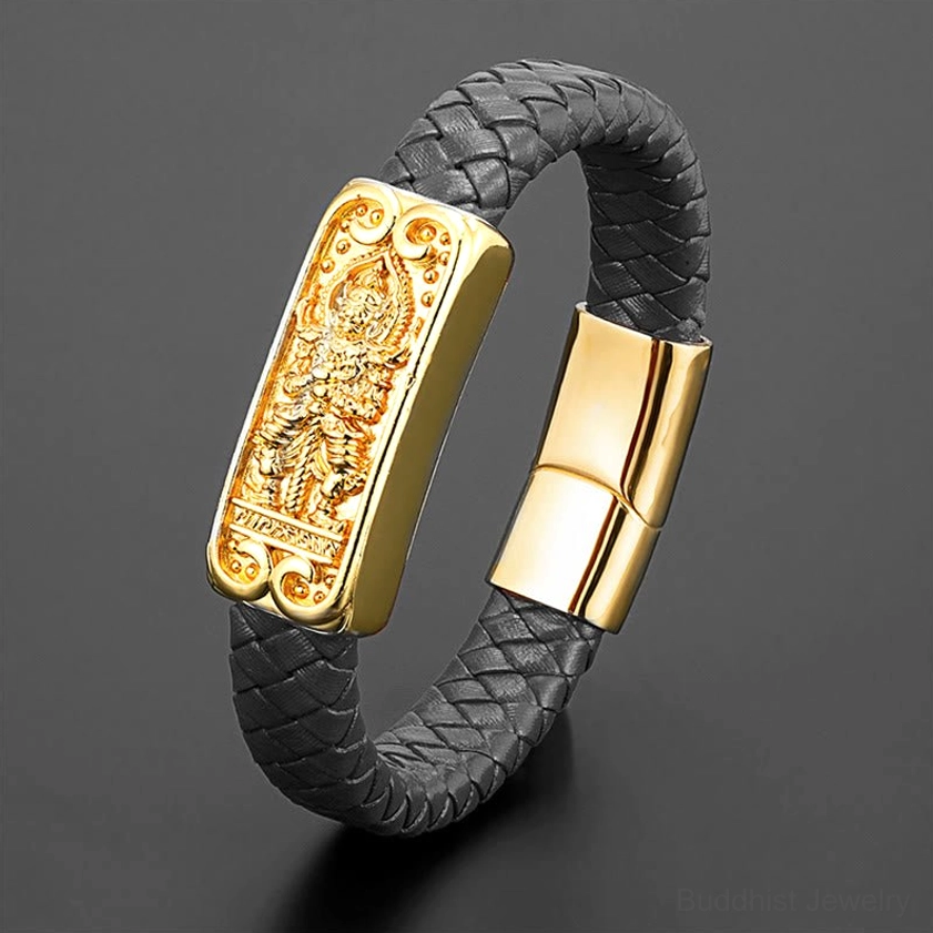 Dark gray braided leather Buddhist bracelet with golden Buddha symbol pendant and secure magnetic closure