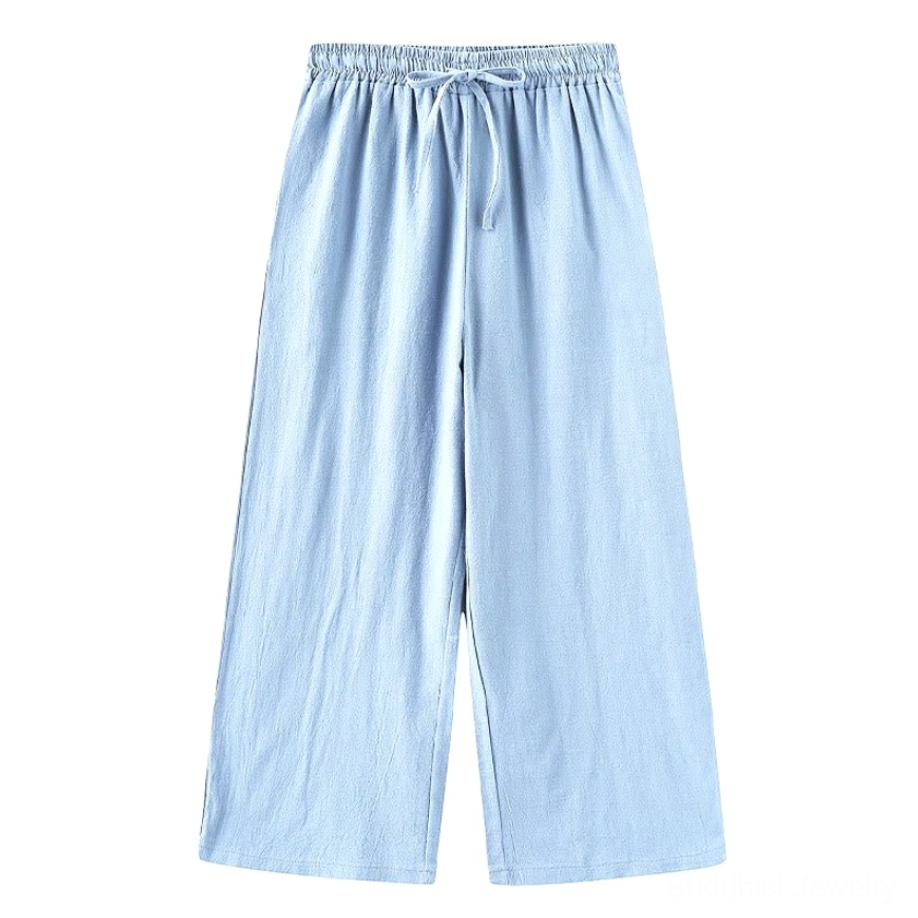 Gray drawstring meditation pants with wide-leg fit full view