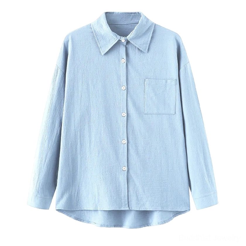 Gray long-sleeve meditation shirt with collar and chest pocket detail