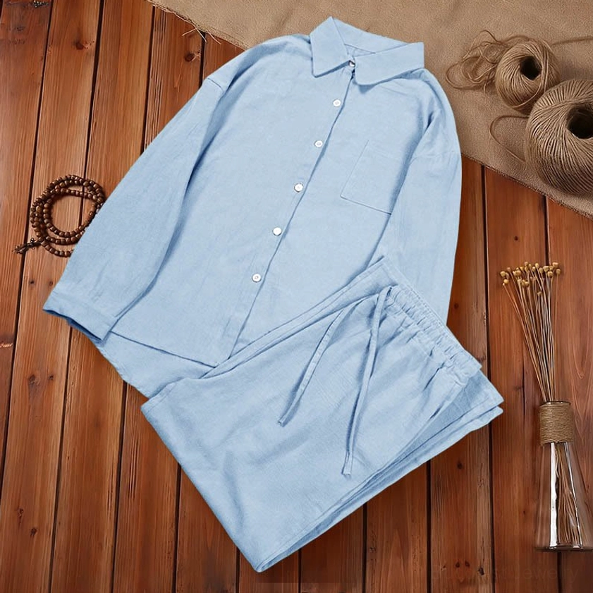 Gray meditation clothing set front display on neutral background