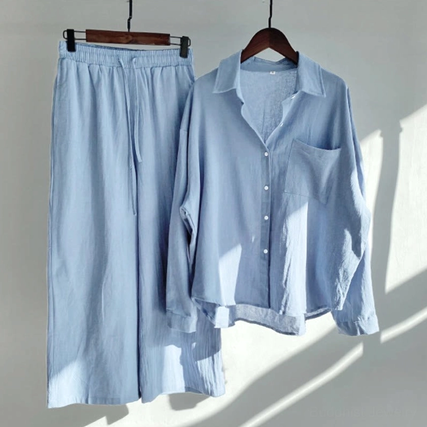 Gray women's meditation cotton loungewear two-piece set hanging display