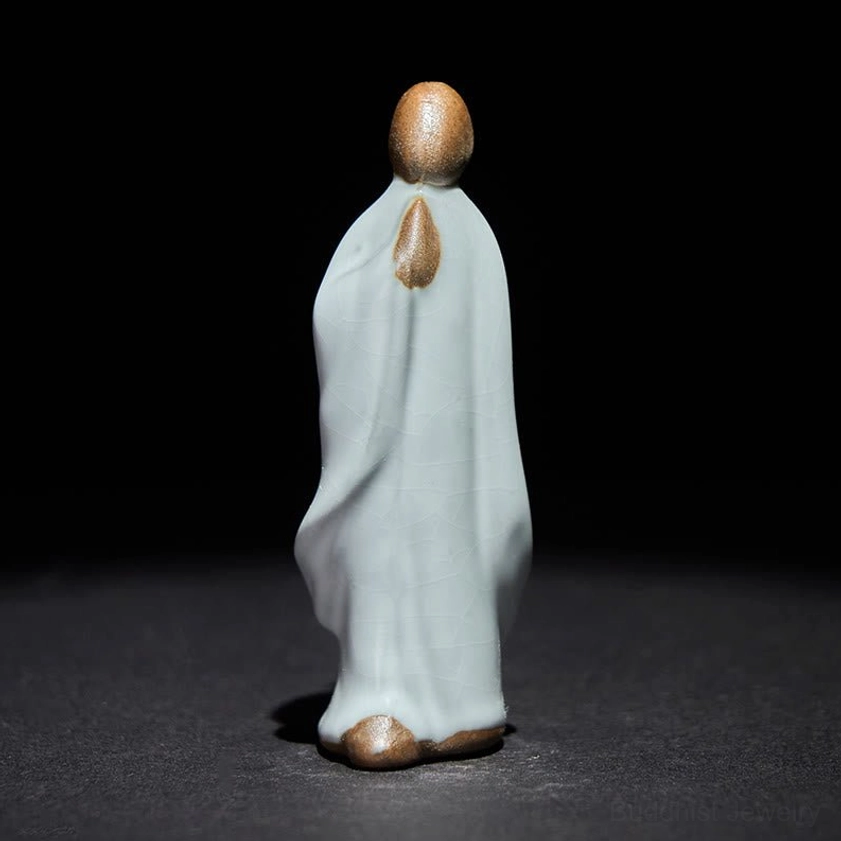 Gray meditation monk ceramic statue compact size portable spiritual figurine