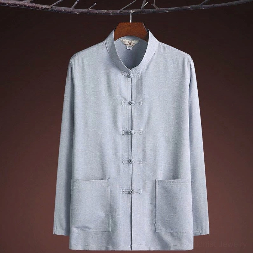 Light gray Tang suit long sleeve top with frog buttons and dual front pockets