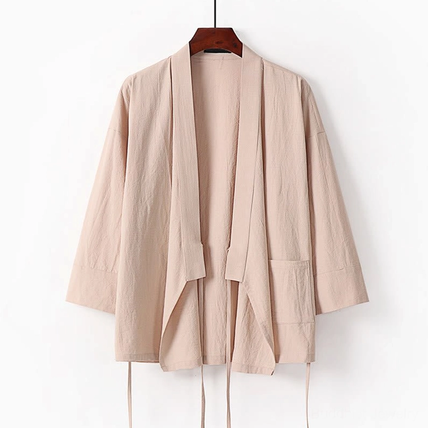 Gray wrap kimono meditation top with tie waist and wide three-quarter sleeves