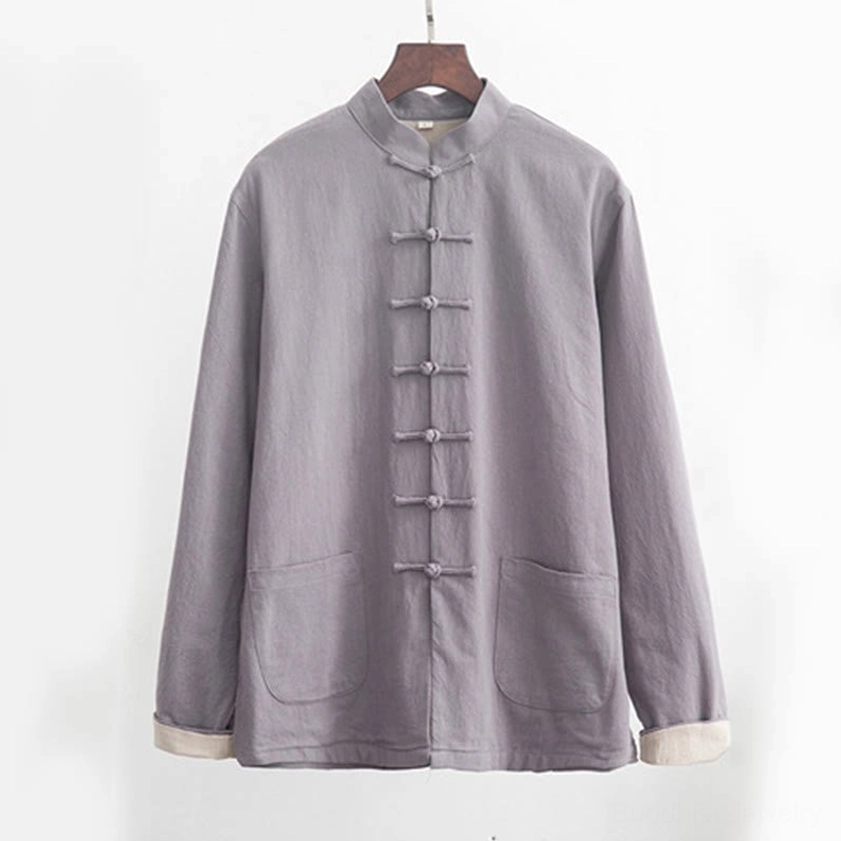 Front view of gray stand collar linen tang shirt with traditional chinese frog button closure for mindfulness and meditation wear
