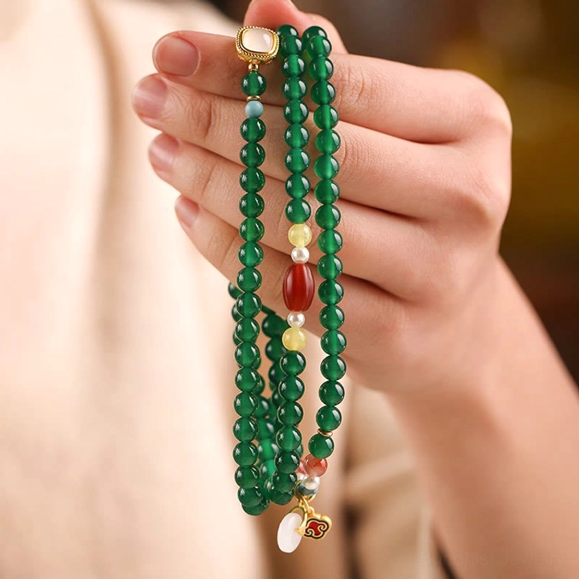 Green agate Buddhist mala bracelet with peace buckle 108 beads for meditation and spiritual practice