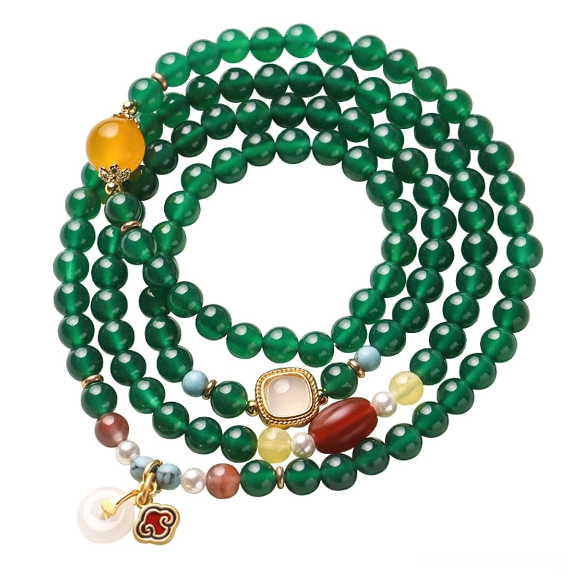 Multi-loop green agate prayer mala featuring yellow agate beads and traditional peace buckle pendant