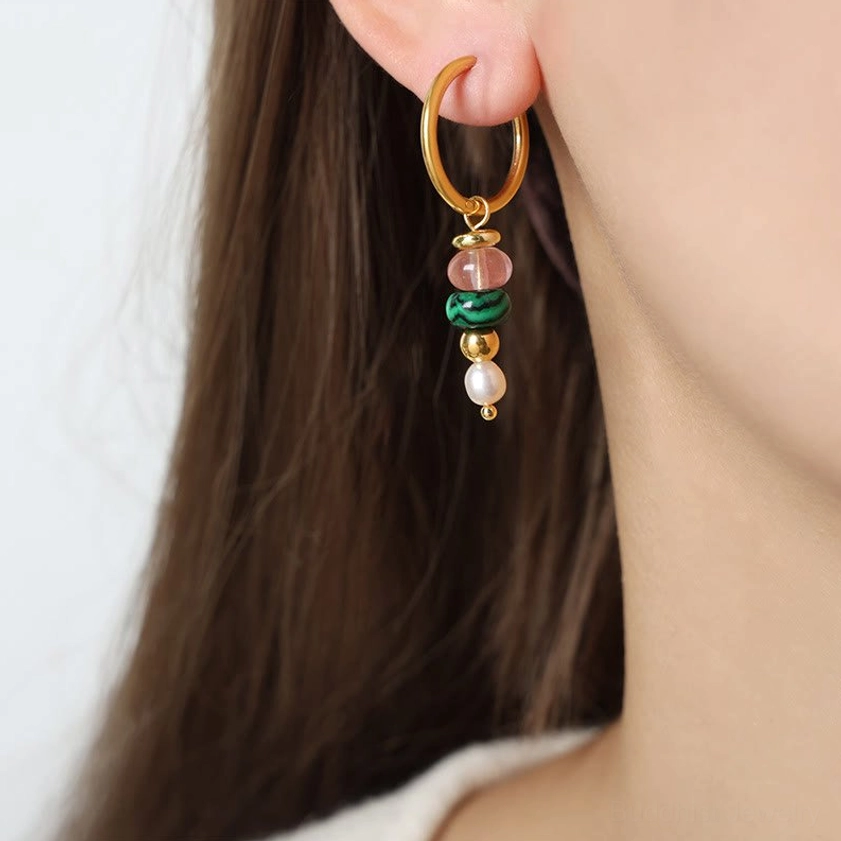 Green natural stone agate earrings - titanium steel dangle earrings for balance and healing energy