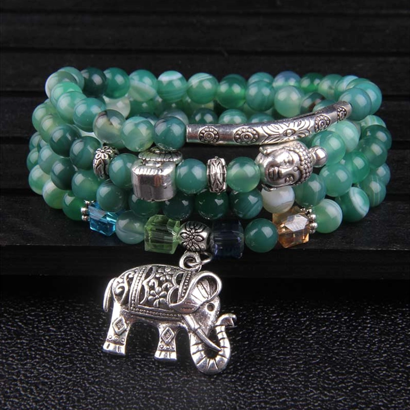 Green Agate Elephant Buddha Bracelet - 6mm Natural Stones for Success and Manifestation