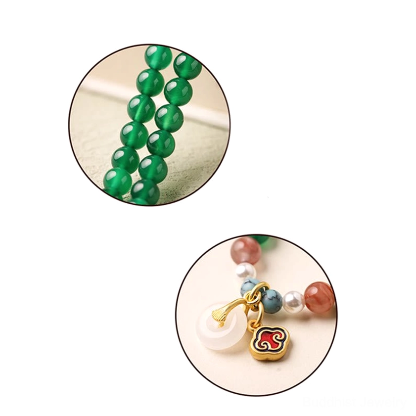 Green agate Buddhist mala bracelet featuring peace buckle pendant for good fortune and inner peace