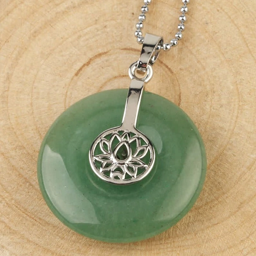 Green aventurine lotus donut pendant - natural prosperity stone with silver metal
