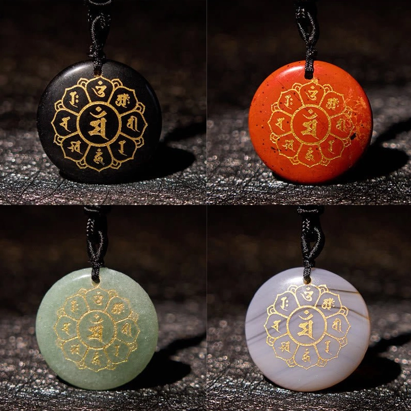 Green Aventurine Buddhist pendant showing Om Mani Padme Hum mantra with luck and abundance energy