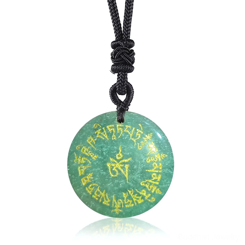 Green Aventurine Buddhist Mantra Prosperity Pendant Necklace with Golden Sanskrit Engraving