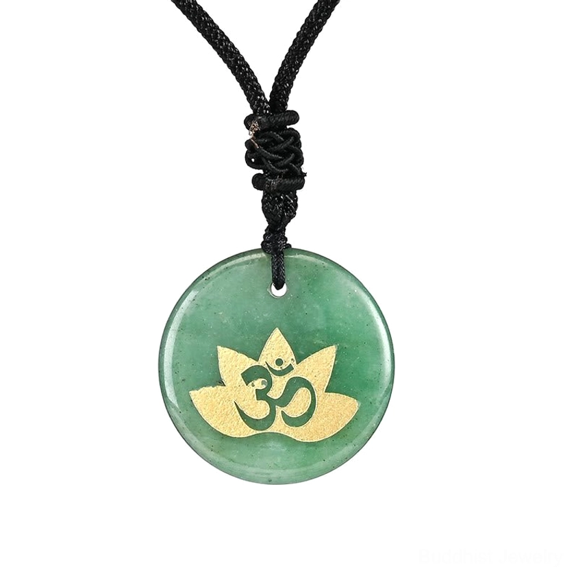 Green Aventurine OM Lotus pendant necklace - prosperity and luck crystal stone with black braided cord and sacred gold-foil design