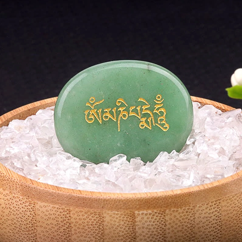 Om Mani Padme Hum green aventurine palm stone with golden mantra text