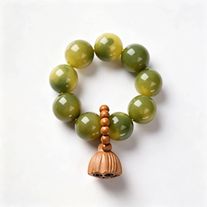 Green style bodhi seed meditation bracelet with hand-polished beads and natural wooden lotus pendant
