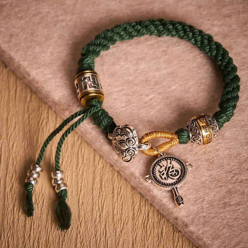 Green Braided Luck Bracelet Om Mani Padme Hum and Fu Character