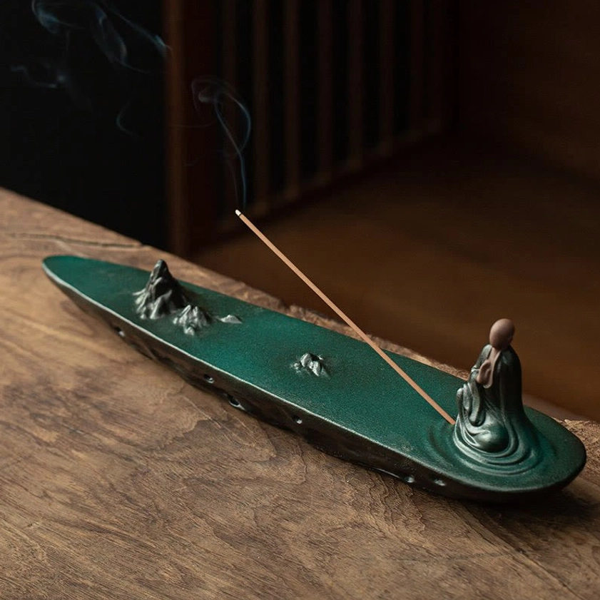 Green tranquil Buddhist ceramic incense holder with meditation room altar aesthetic