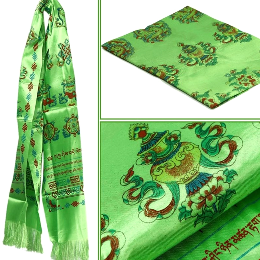 Green Buddhist khata blessing scarf with Tibetan script auspicious motifs, tasseled bottom, and multi-angle display