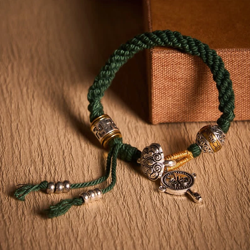 Green Buddhist Rope Bracelet Wrist Fit and Comfort Display